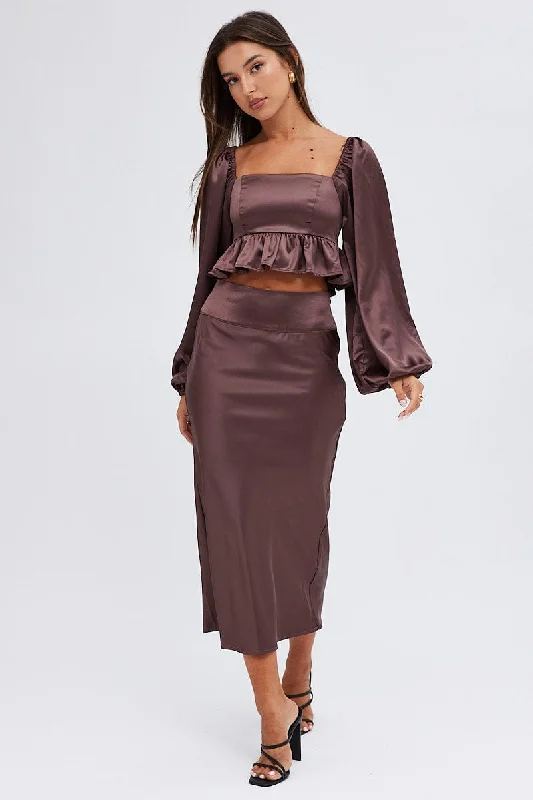 Brown Midi Skirt High Waisted Satin Bias Cut