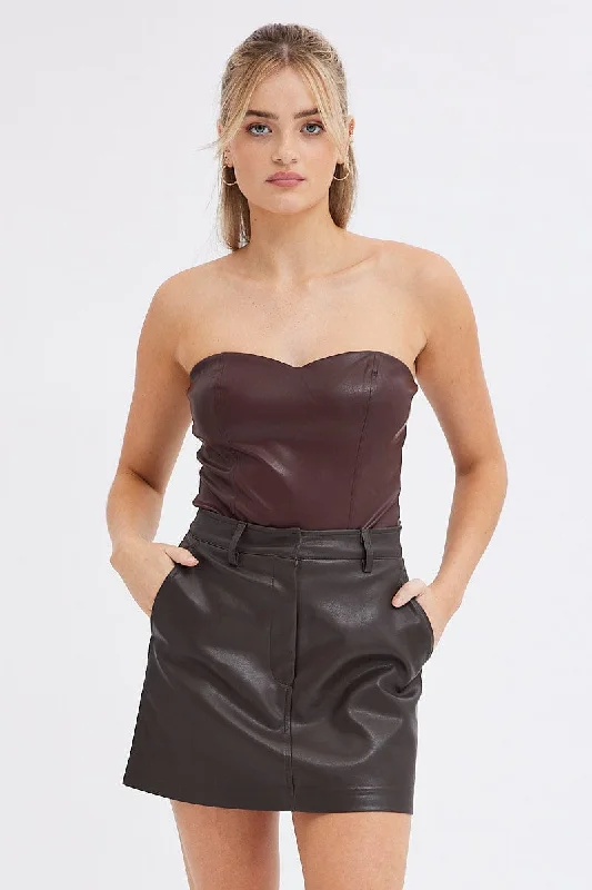 Brown Mini Skirt High Rise Pocket Detail Faux Leather