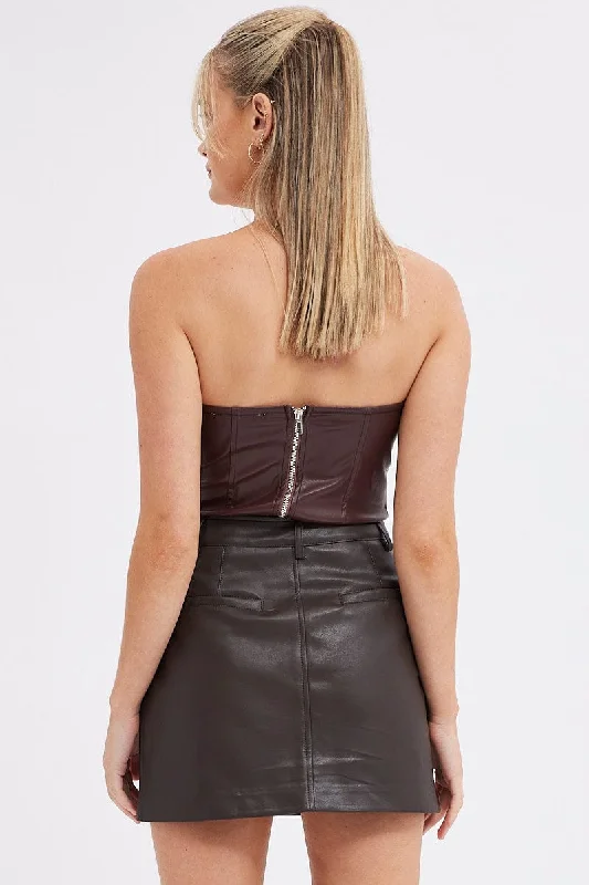 Brown Mini Skirt High Rise Pocket Detail Faux Leather