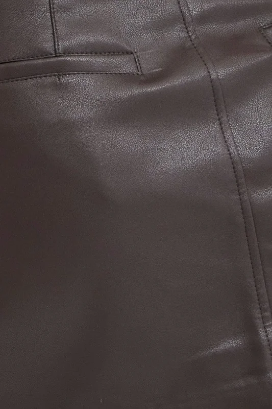 Brown Mini Skirt High Rise Pocket Detail Faux Leather