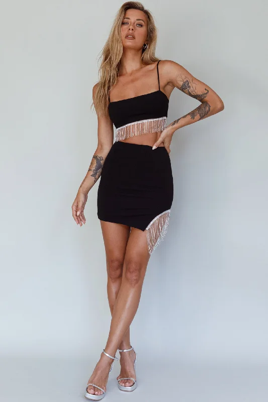 Call On Me Diamante Fringe Mini Skirt Black