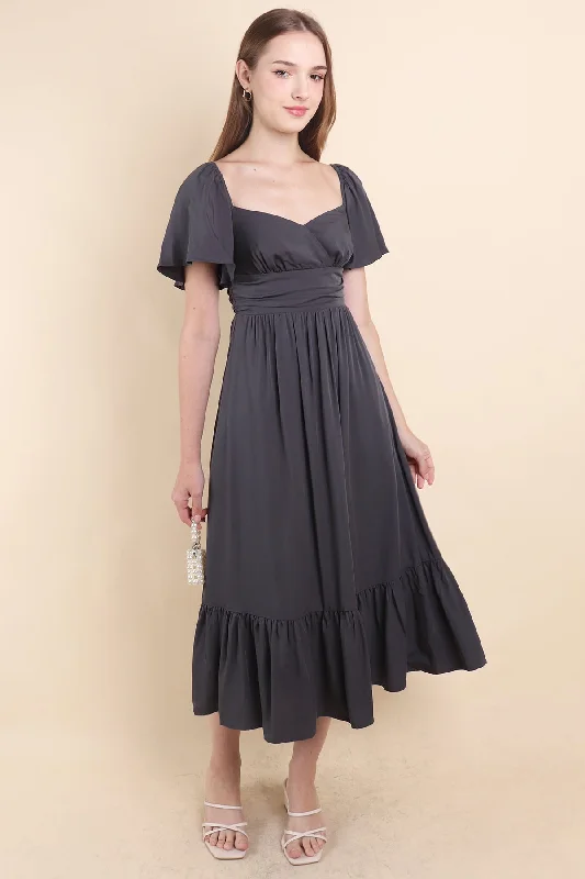 CECE FLUTTERS MAXI DRESS IN GUN GREY