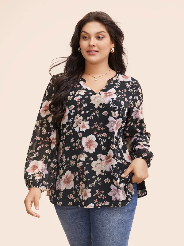 Chiffon Floral Notched Ruffle Trim Blouse