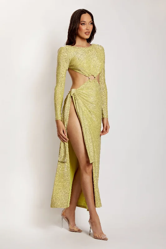 Christina Backless Maxi Wrap Dress - Green Shimmer