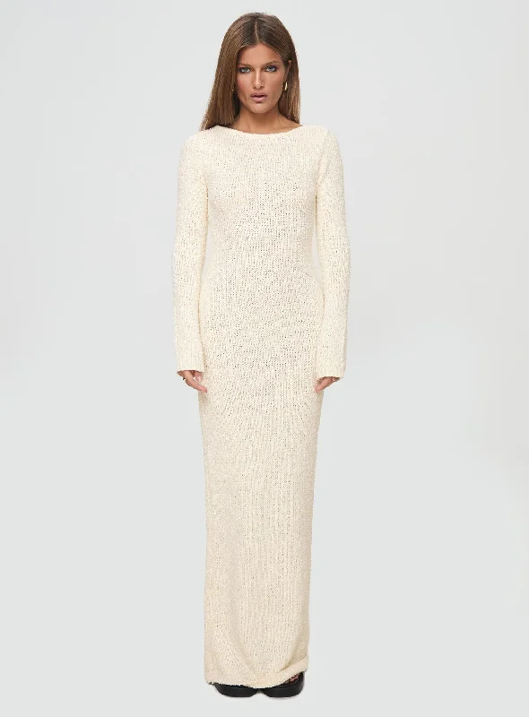 Cosy Up Long Sleeve Boucle Maxi Dress Cream