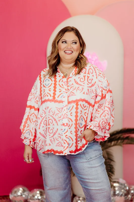 Cream and Coral Printed Bubble Sleeve Blouse