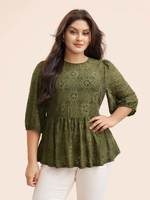 Crew Neck Crochet Lace Lantern Sleeve Blouse