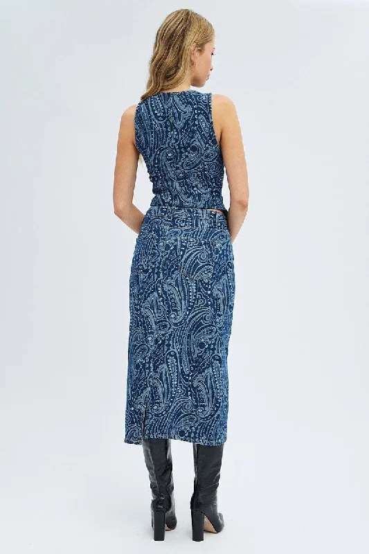 Denim Midi Skirt Mid Rise Straight Fit Paisley Denim