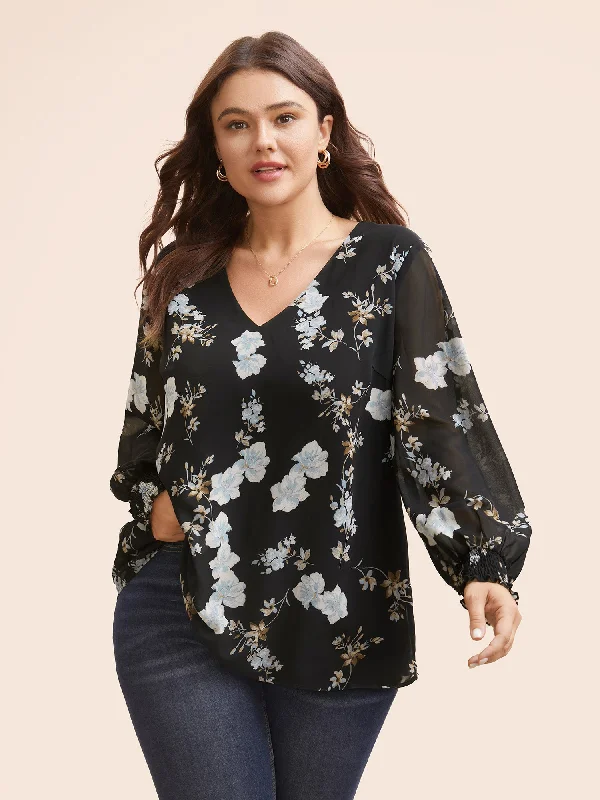 Floral Chiffon Shirred Lantern Sleeve Blouse