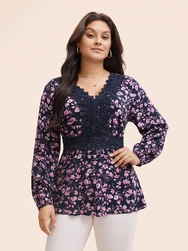 Floral Lace Panel Shirred Lantern Sleeve Blouse