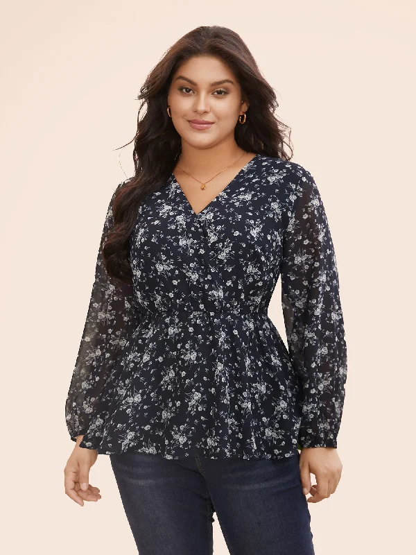 Floral Overlap Collar Lantern Sleeve Blouse