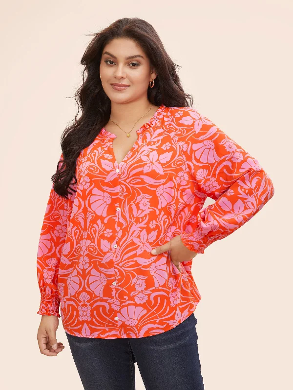 Floral Shirred Frill Trim Lantern Sleeve Blouse