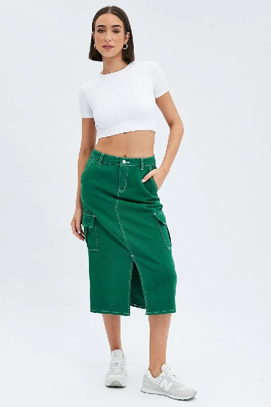 Green Midi Skirt Mid Rise A-line Cargo Contrast Stitch