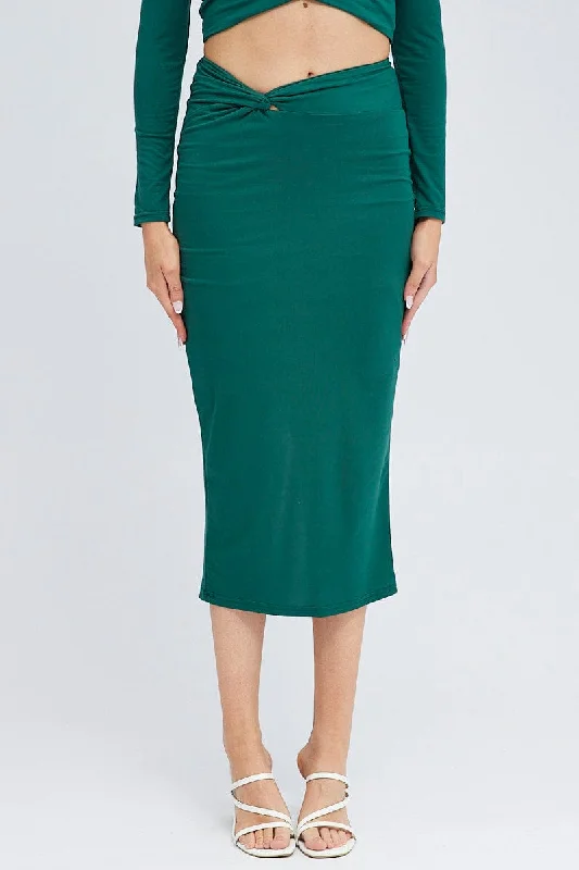 Green Midi Skirt Twisted Waist Double Layer