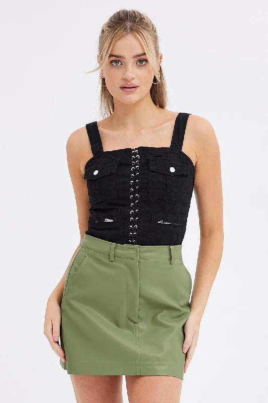 Green Mini Skirt High Rise Pocket Detail Faux Leather