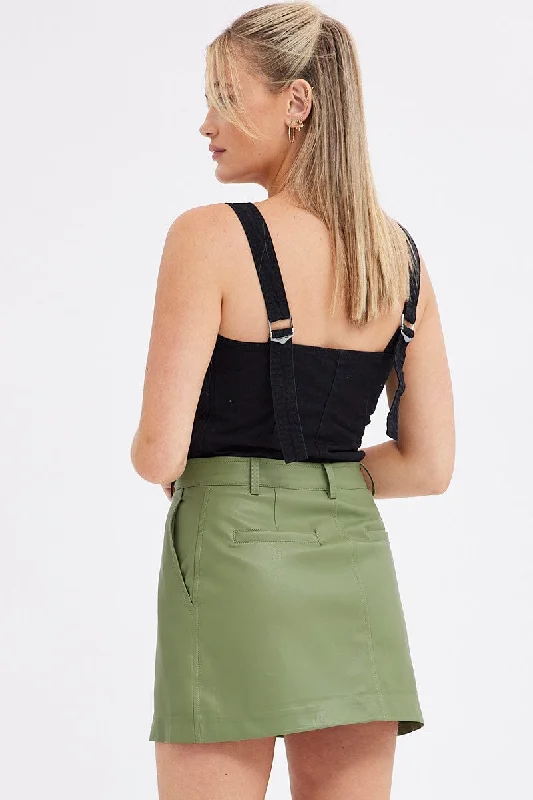 Green Mini Skirt High Rise Pocket Detail Faux Leather