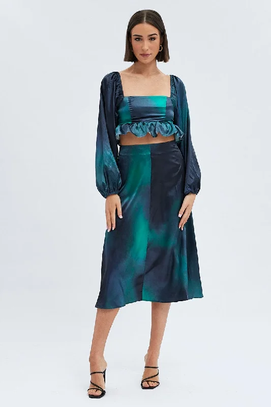 Green Print Midi Skirt High Waisted A-line Panelled Satin