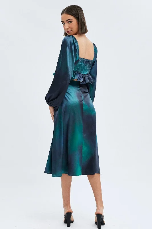 Green Print Midi Skirt High Waisted A-line Panelled Satin