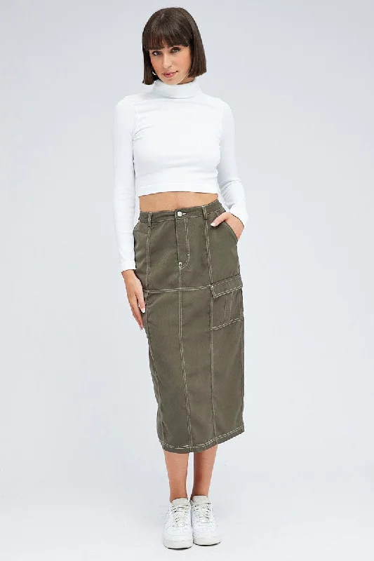 Grey Cargo Skirt Mid Rise Contrast Detail Utility