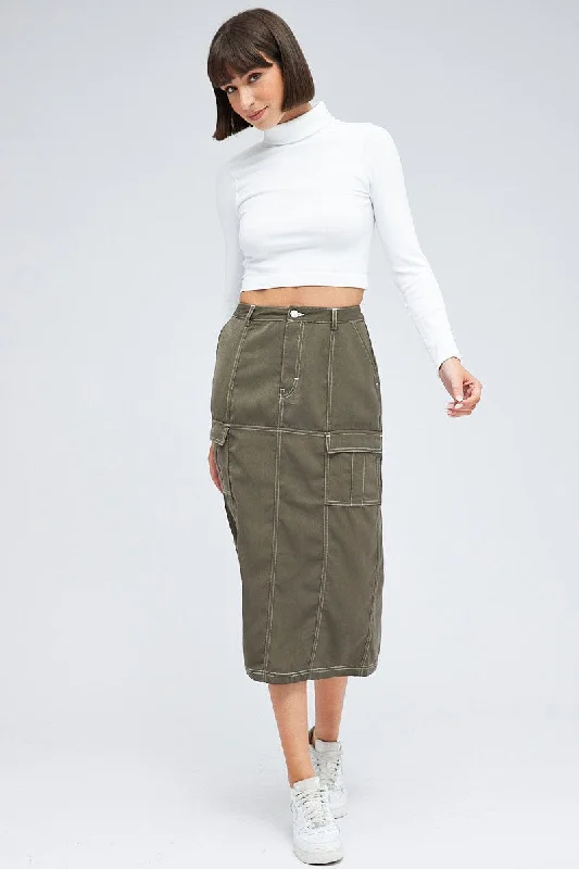 Grey Cargo Skirt Mid Rise Contrast Detail Utility