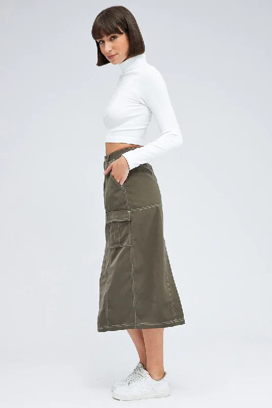 Grey Cargo Skirt Mid Rise Contrast Detail Utility