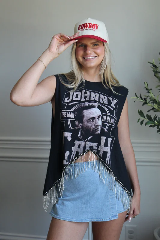 Johnny Cash Cropped Rhinestone Fringe Tank