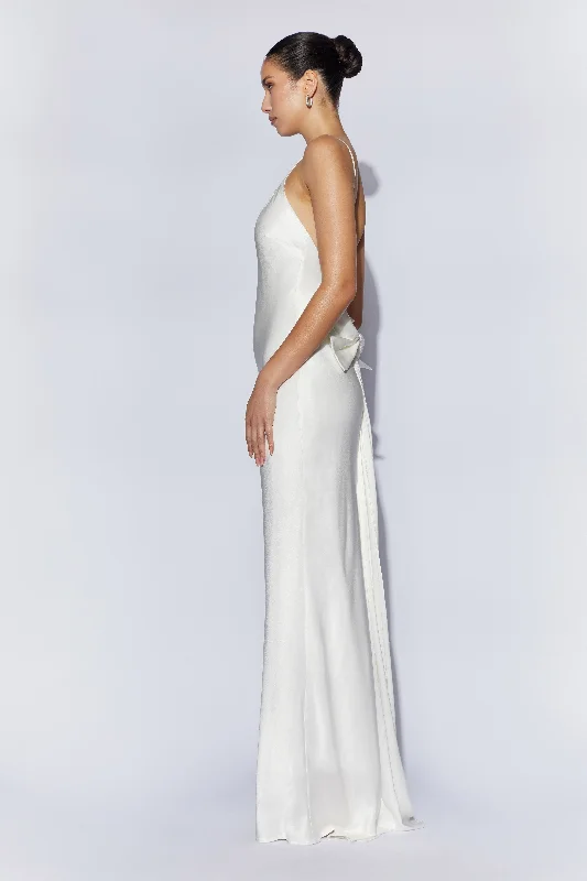 Kailey Low Back Maxi Dress With Detachable Bow Train - White