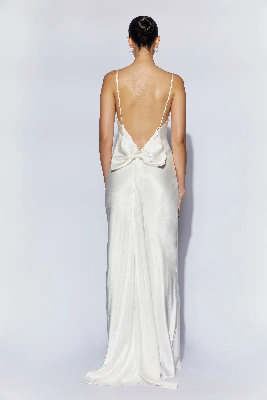 Kailey Low Back Maxi Dress With Detachable Bow Train - White