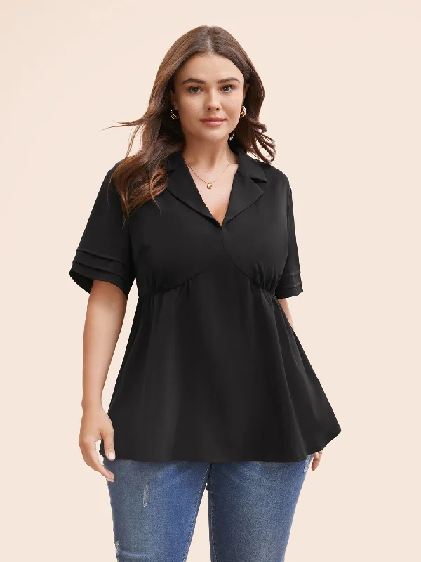 Lapel Collar Elastic Waist Pleated Blouse