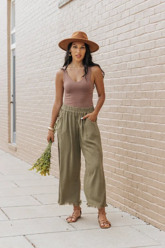 Light Olive Frayed Linen Wide Leg Pants