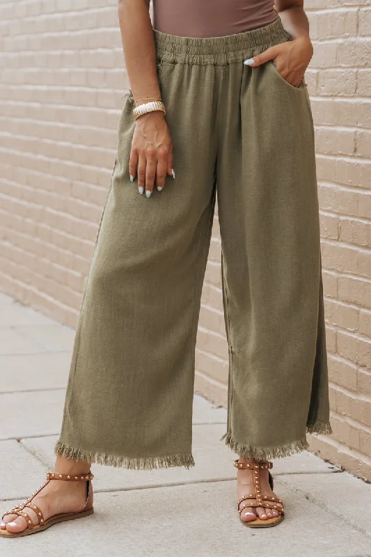 Light Olive Frayed Linen Wide Leg Pants