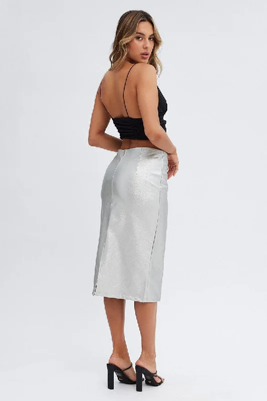 Metallic Midi Skirt Low Rise Lace Up Front Faux Leather PU