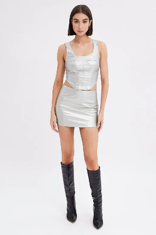 Metallic Mini Skirt Mid Rise PU Faux Leather Silver