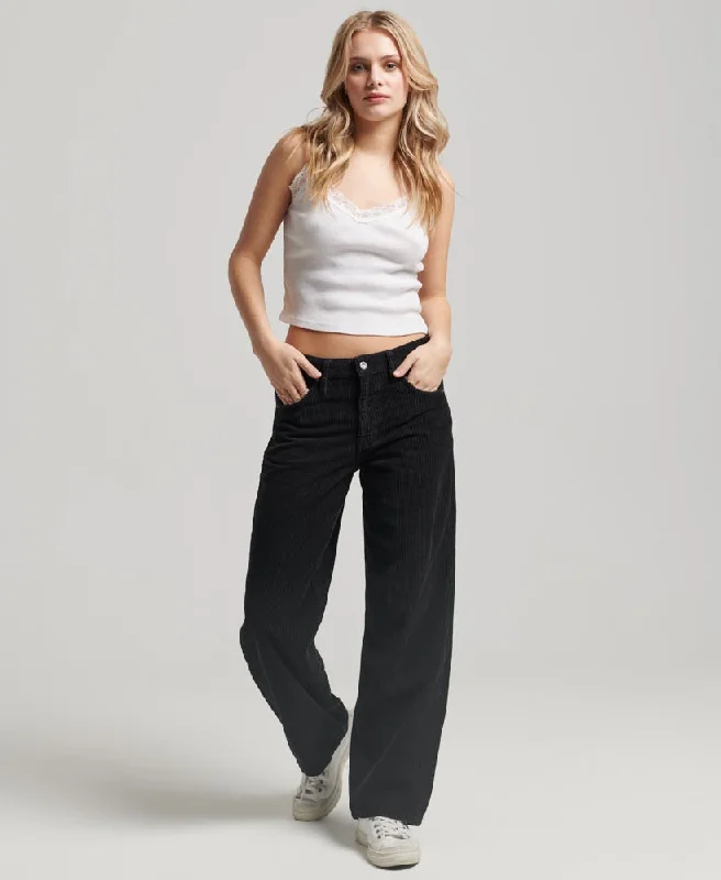 Mid Rise Wide Leg Cord Pants | Black