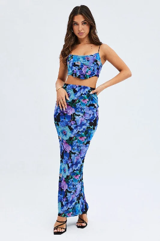 Multi Floral Mesh Maxi Bodycon Tube Skirt