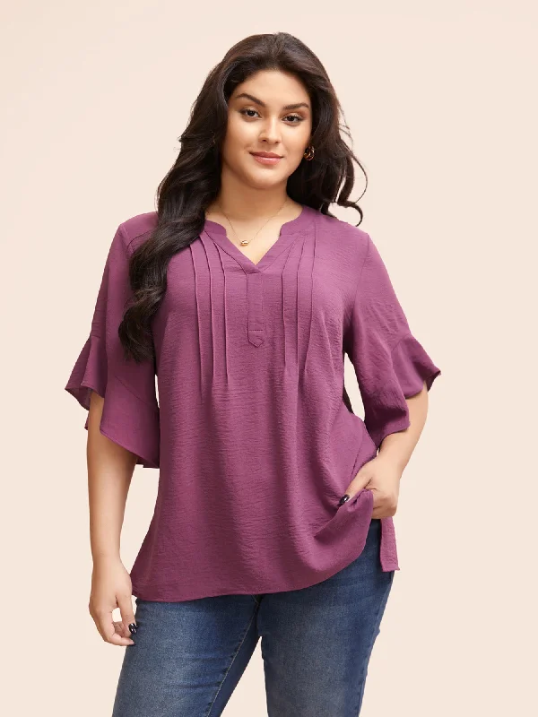 Notched Pleated Ruffles Split Hem Blouse