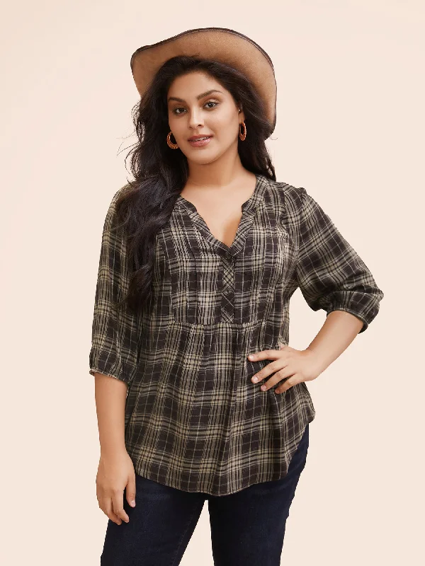 Plaid Pleated Button Placket Blouse