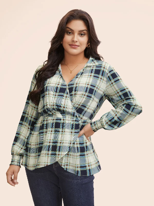 Plaid Shirt Collar Elastic Waist Shirred Blouse