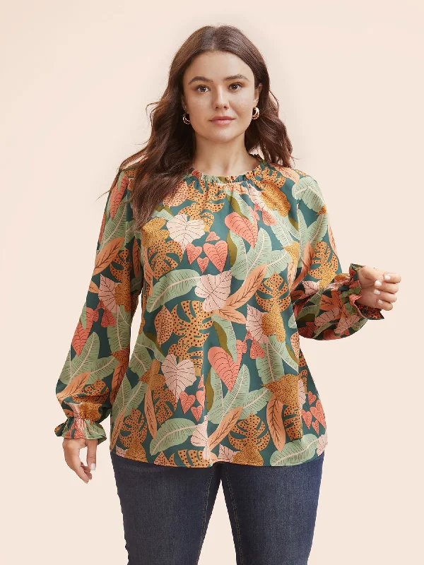 Plant Print Frill Trim Lantern Sleeve Blouse