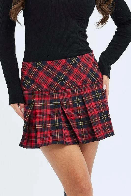 Red Check Pleated Mini Skirt