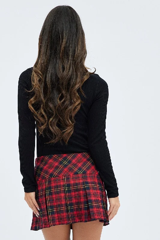 Red Check Pleated Mini Skirt