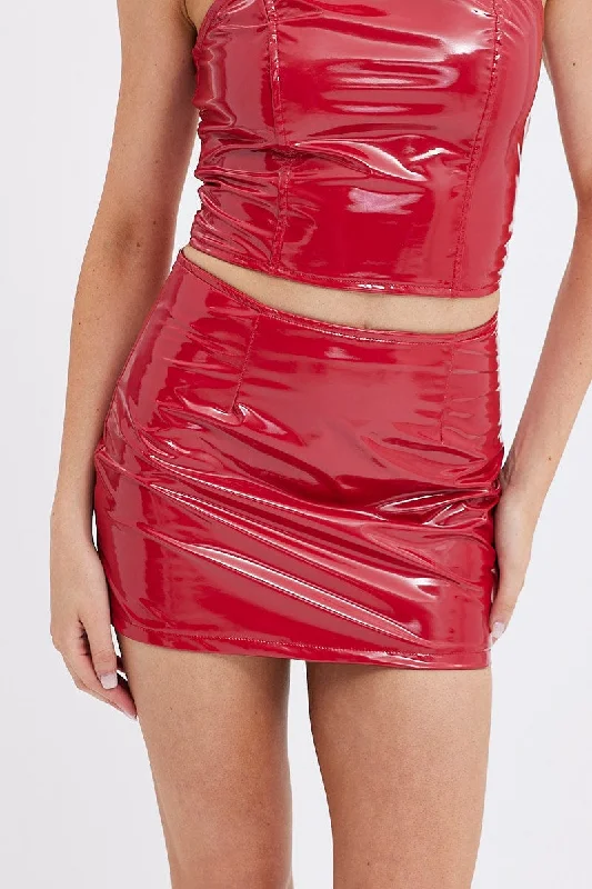 Red Mini Skirt Mid Rise PU Patent Faux Leather