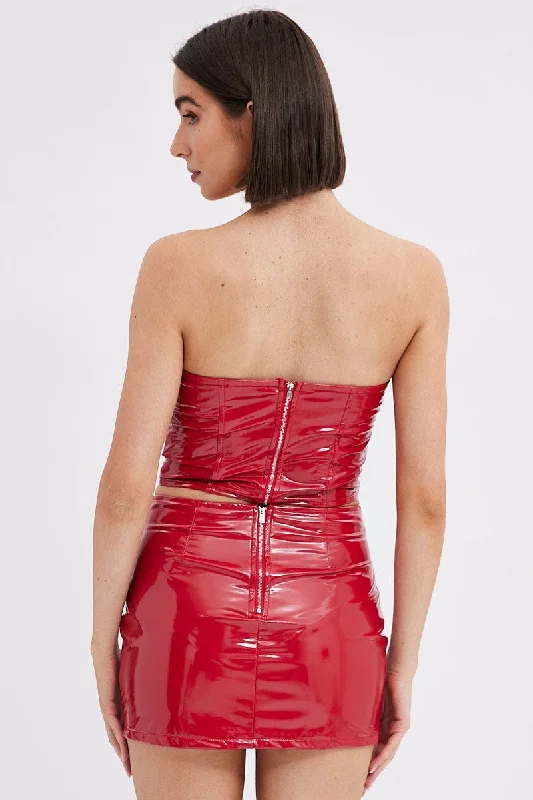 Red Mini Skirt Mid Rise PU Patent Faux Leather