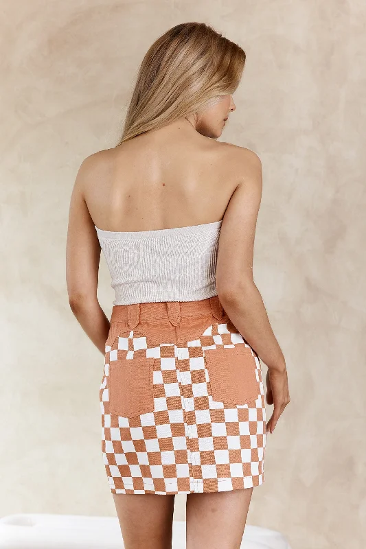 Rewind Zipper Front Mini Skirt Checkered Rust