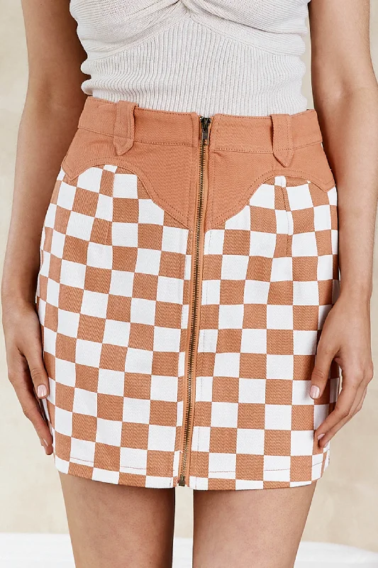 Rewind Zipper Front Mini Skirt Checkered Rust