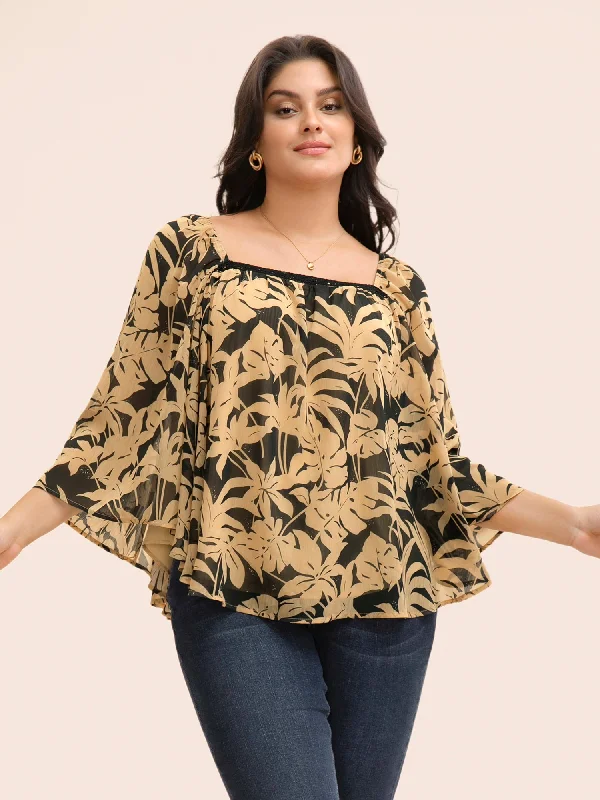 Silhouette Floral Print Batwing Sleeve Contrast Webbing Blouse