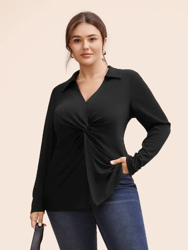 Stretch Woven Front Knot Slim-Fit Blouse