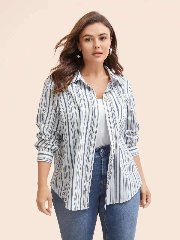 Striped Button Up Curved Hem Blouse