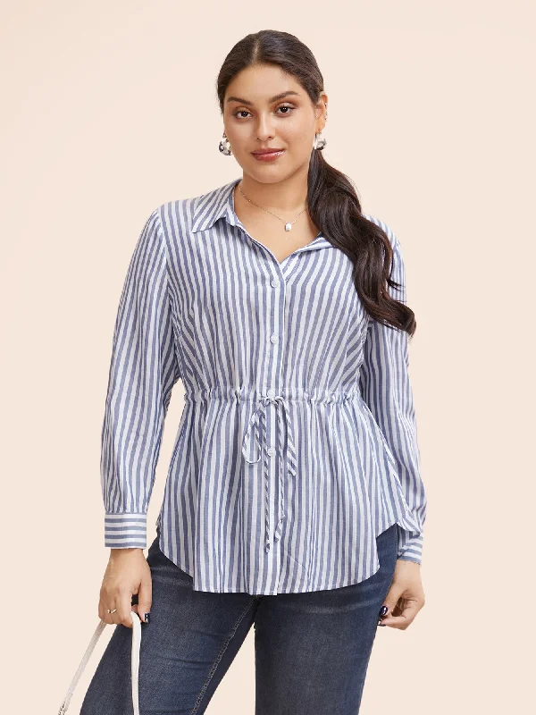 Striped Shirt Collar Drawstring Blouse