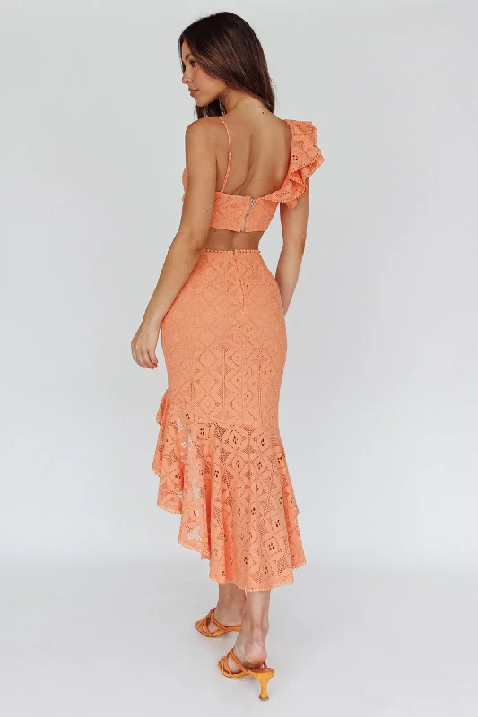 Talk About Me Asymmetrical Ruffle Hem Midi Skirt Apricot